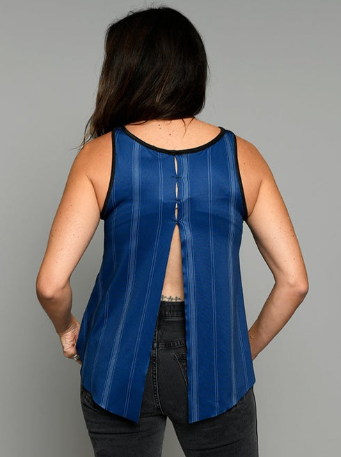 The Tie Back Tank - Blue Shibori / Blue Pinstripe